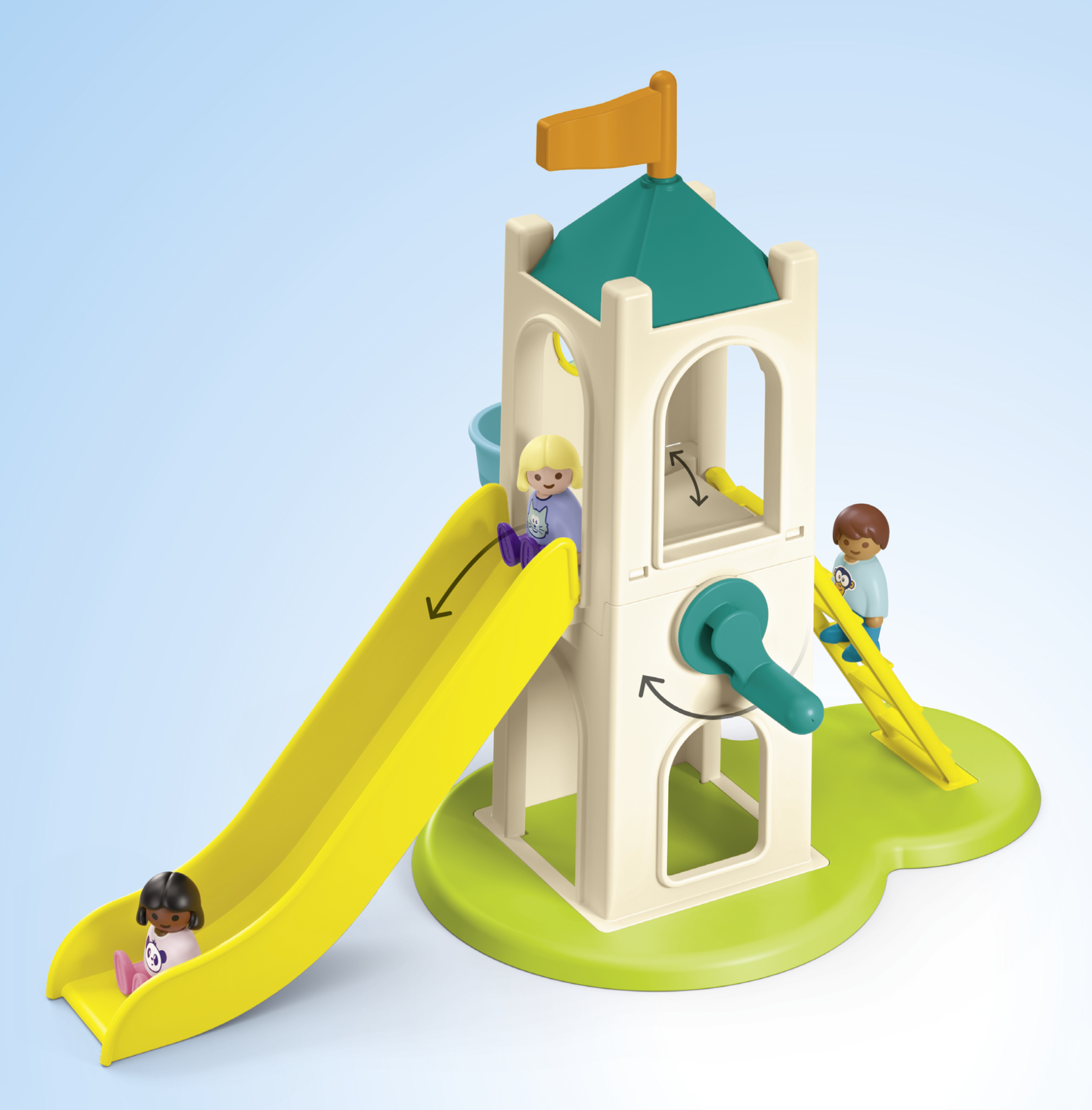 Una torre de juguete con tobogán amarillo, base verde y tres pequeñas figuras sobre fondo azul.