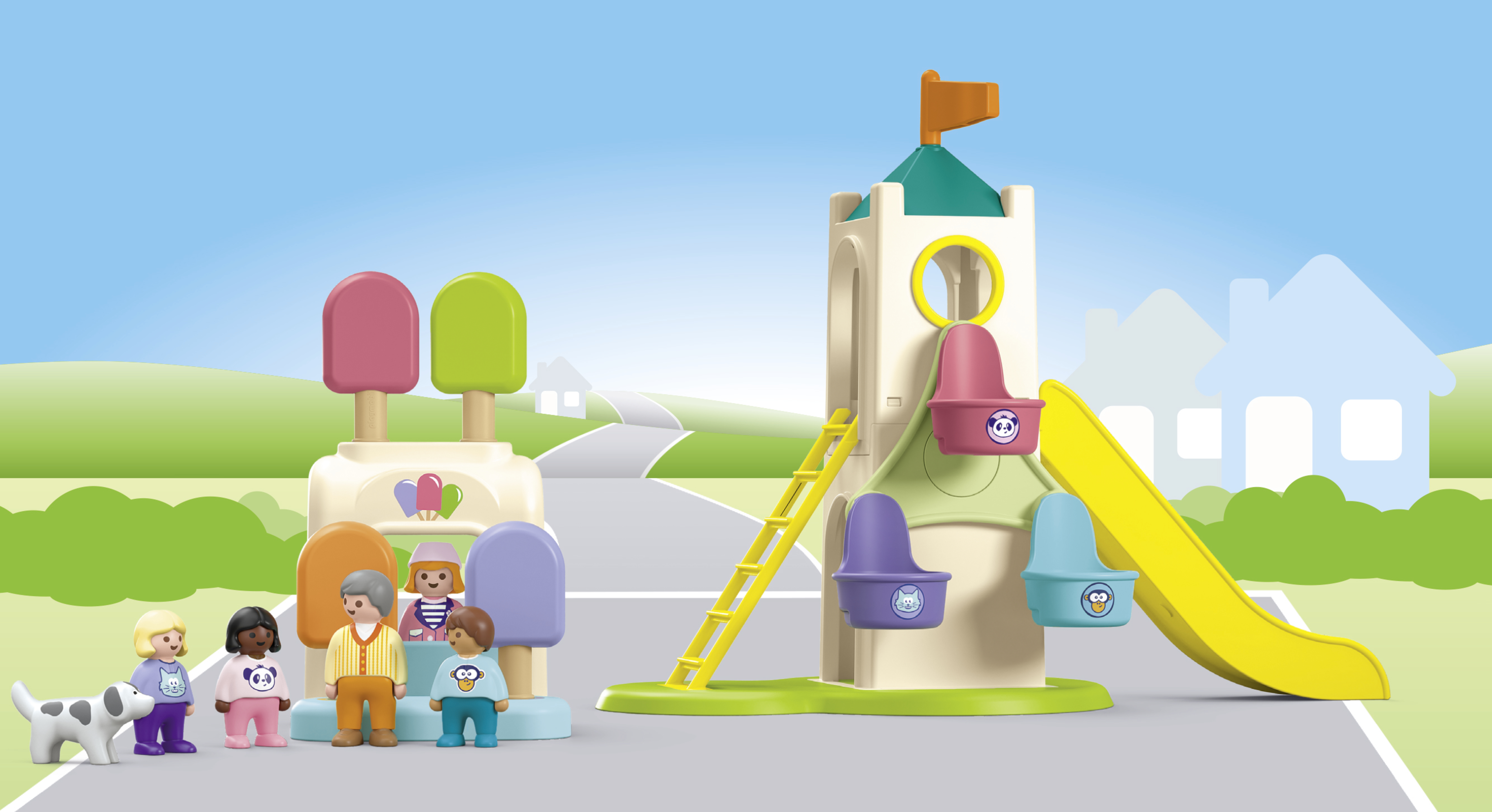 Figuras Playmobil y perro en un parque infantil con torre, tobogán y puesto de helados.