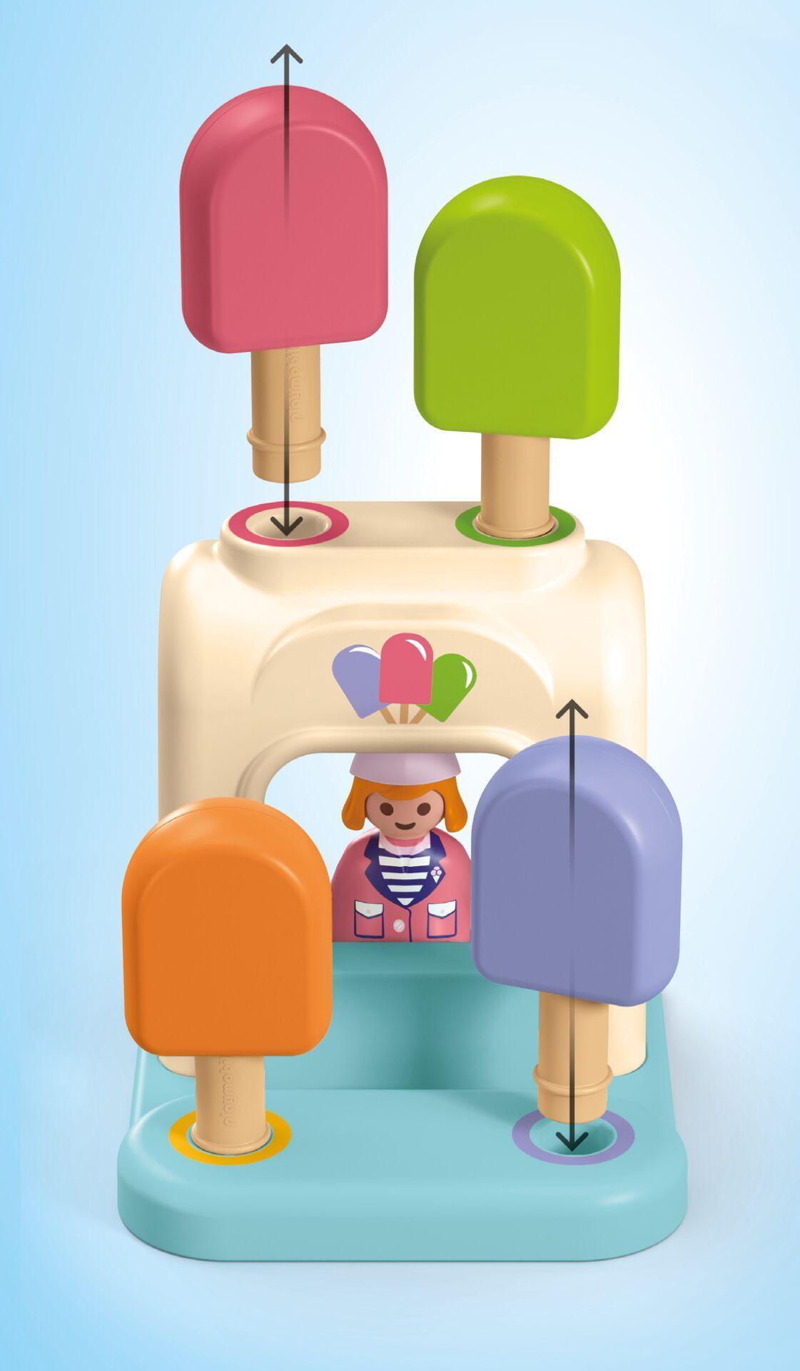Puesto de helados de juguete con paletas coloridas y una figura, flechas indican movimiento.
