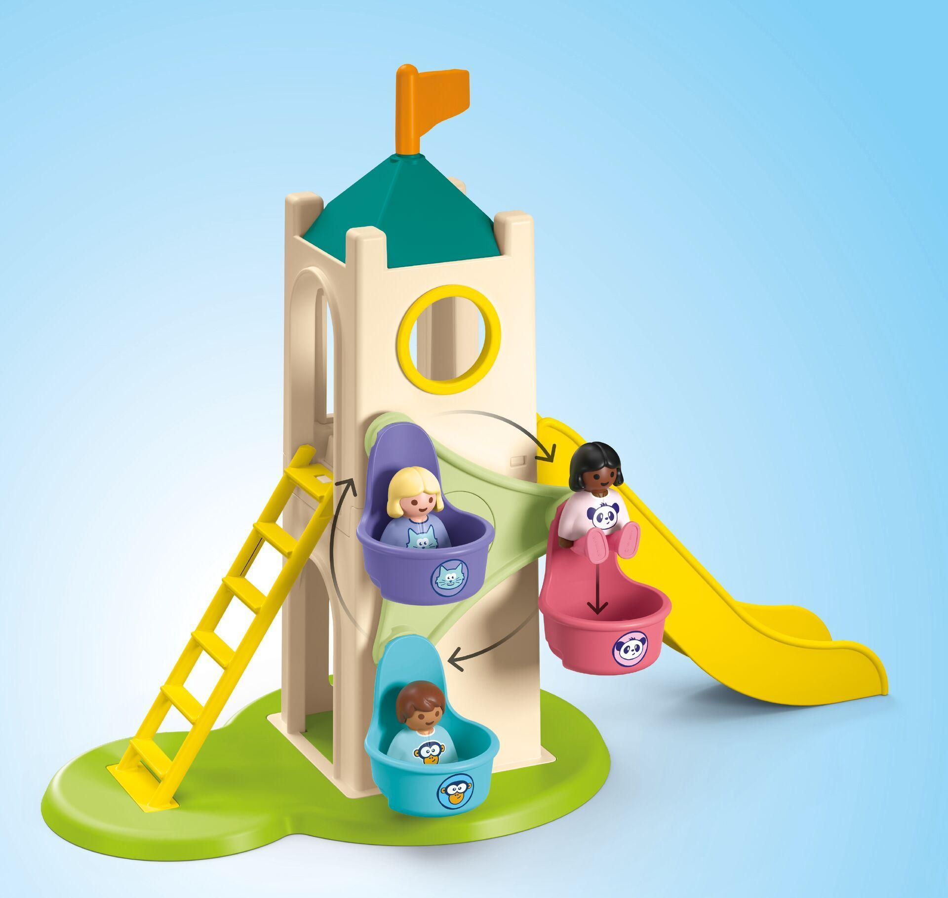 Torre de juguete con escalera amarilla, tobogán y asientos coloridos para figuras.