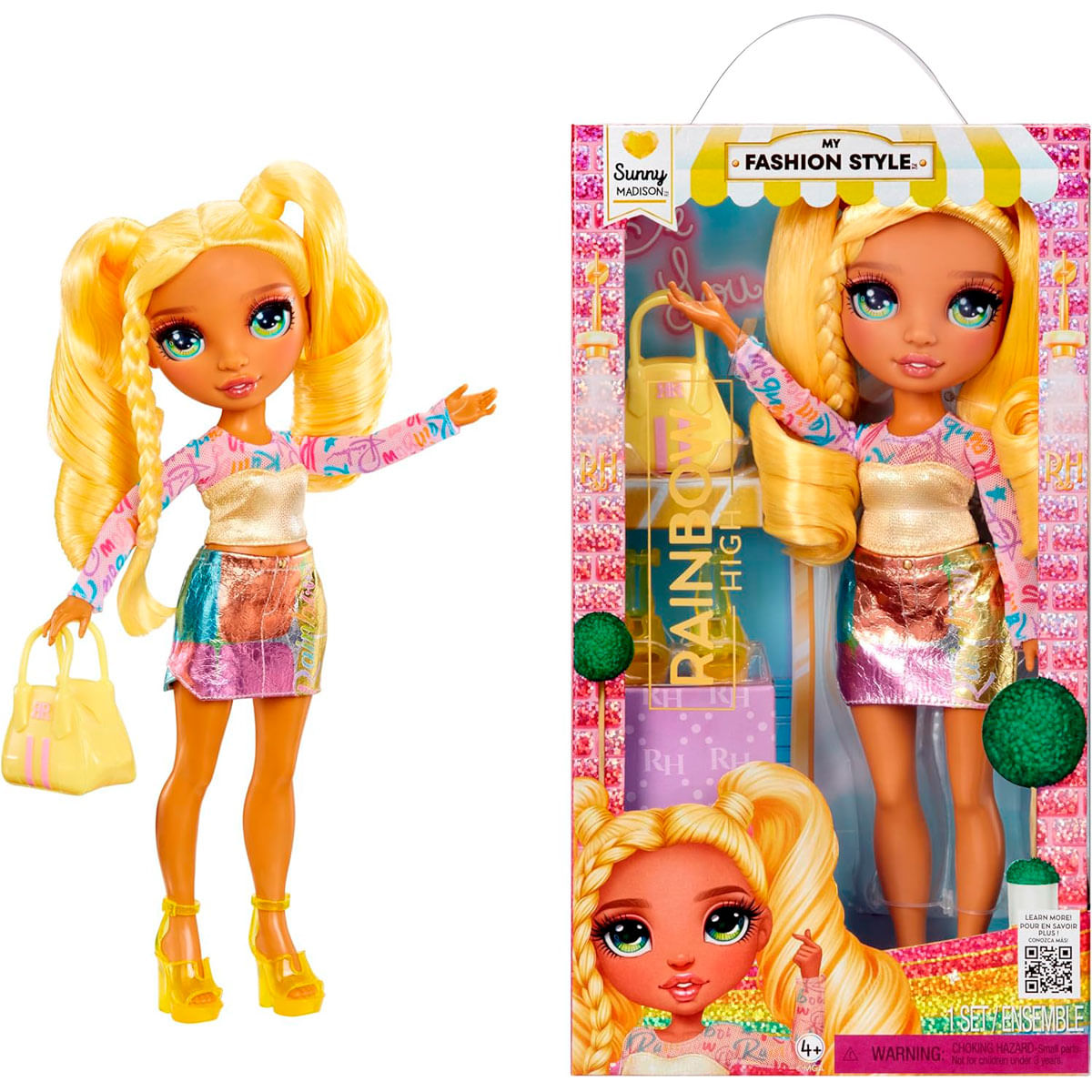 Muñeca de moda con cabello rubio, falda colorida y zapatos amarillos junto a su caja.