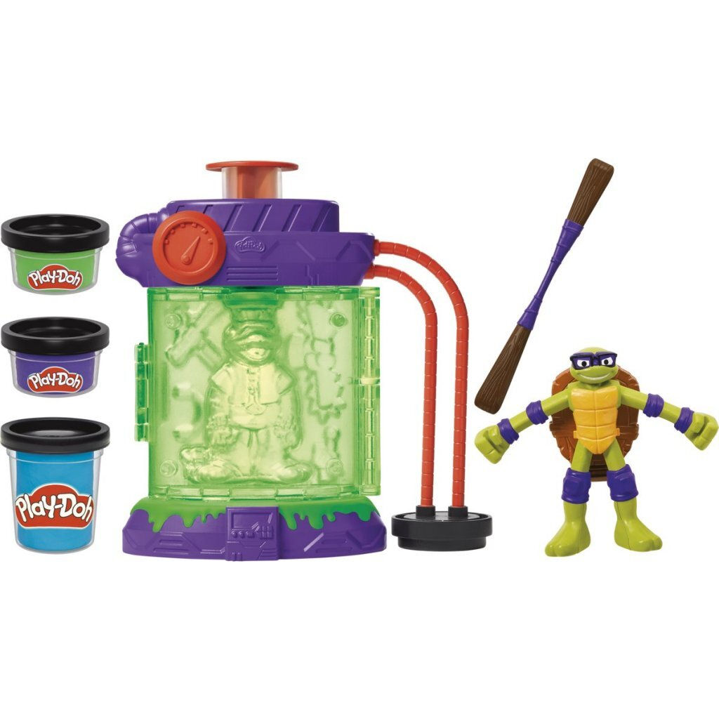 Play-Doh Teenage Mutant Ninja Turtles Spielset mit grüner Schleimkammer, drei Knetdosen, Figur und Stab.