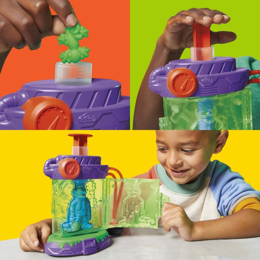 Ein Kind spielt mit einer lila-grünen Spielzeugmaschine, die bunte Figuren formt.