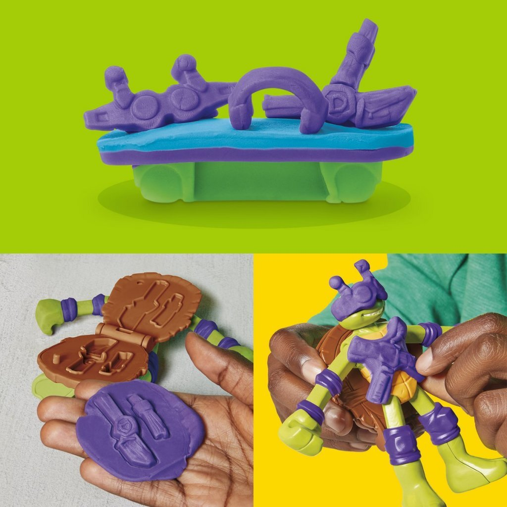 Hände gestalten lila und braune Knetmasse-Zubehörteile für eine grüne Schildkröten-Actionfigur.