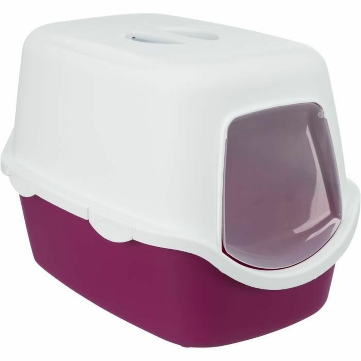 Un arenero para gatos cubierto con base morada, tapa blanca y puerta abatible translúcida.