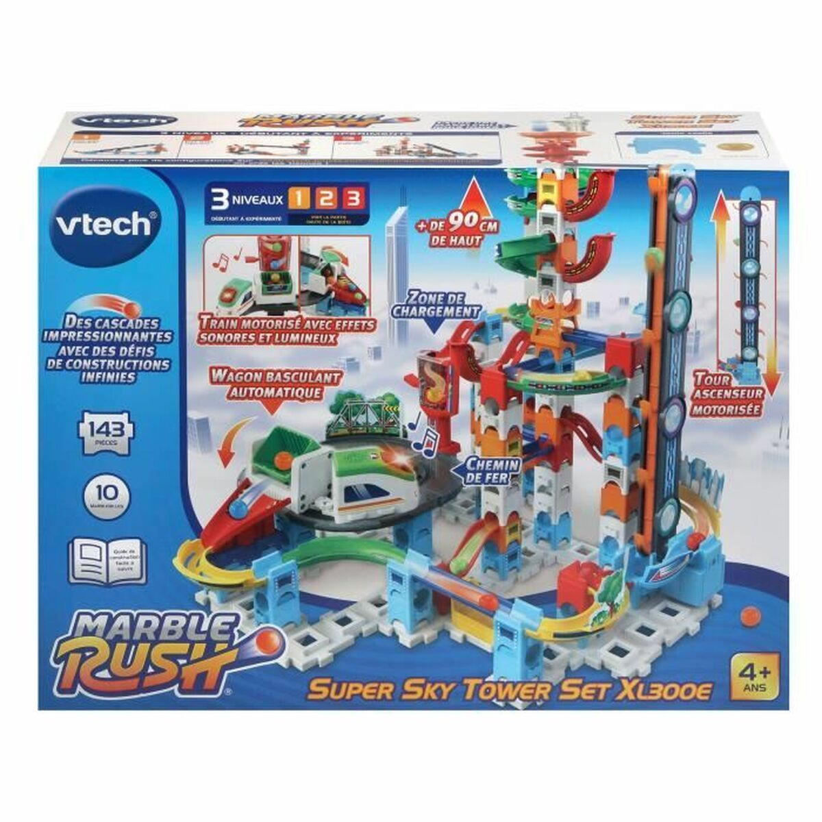 Vtech Marble Rush Super Sky Tower Set Box mit einer bunten Kugelbahn mit Schienen und motorisiertem Zug.