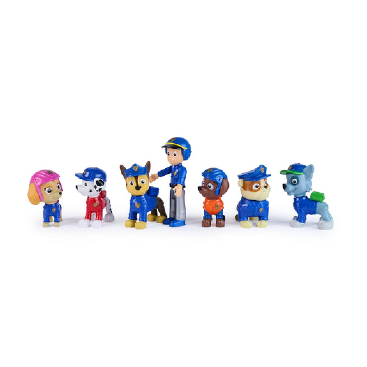 Figuras de acción de Paw Patrol con Ryder y cachorros en uniformes azules.