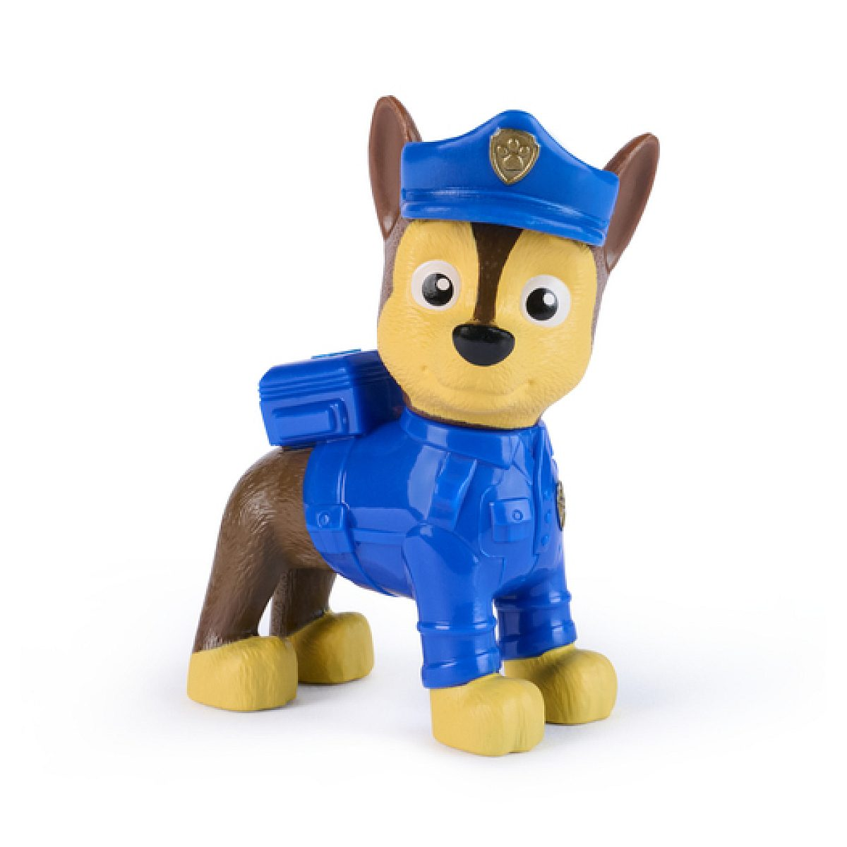 Una figura de juguete de Chase de Paw Patrol con uniforme de policía azul y gorra.