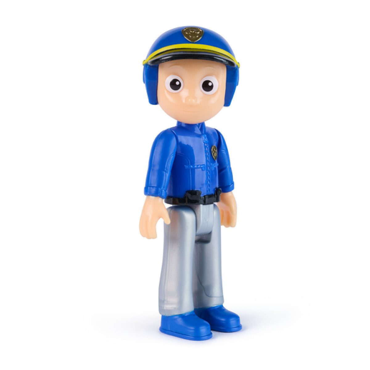 Una pequeña figura de acción de plástico en uniforme azul con casco y pantalones grises sobre fondo blanco.