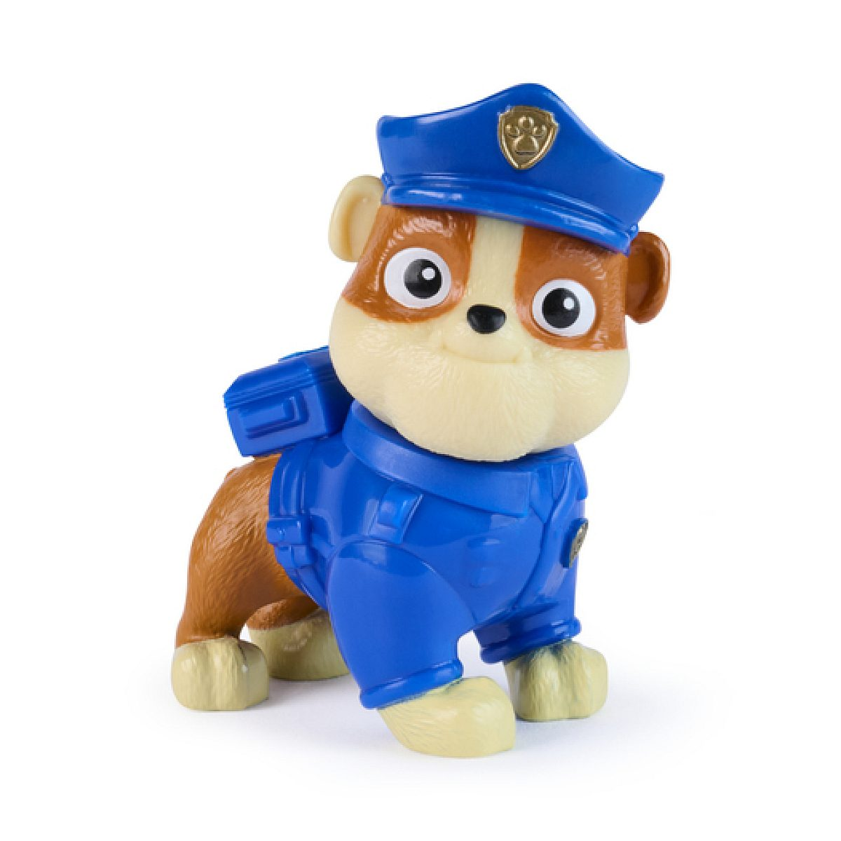 Una figura de Rubble de Paw Patrol con uniforme de policía azul y gorra.