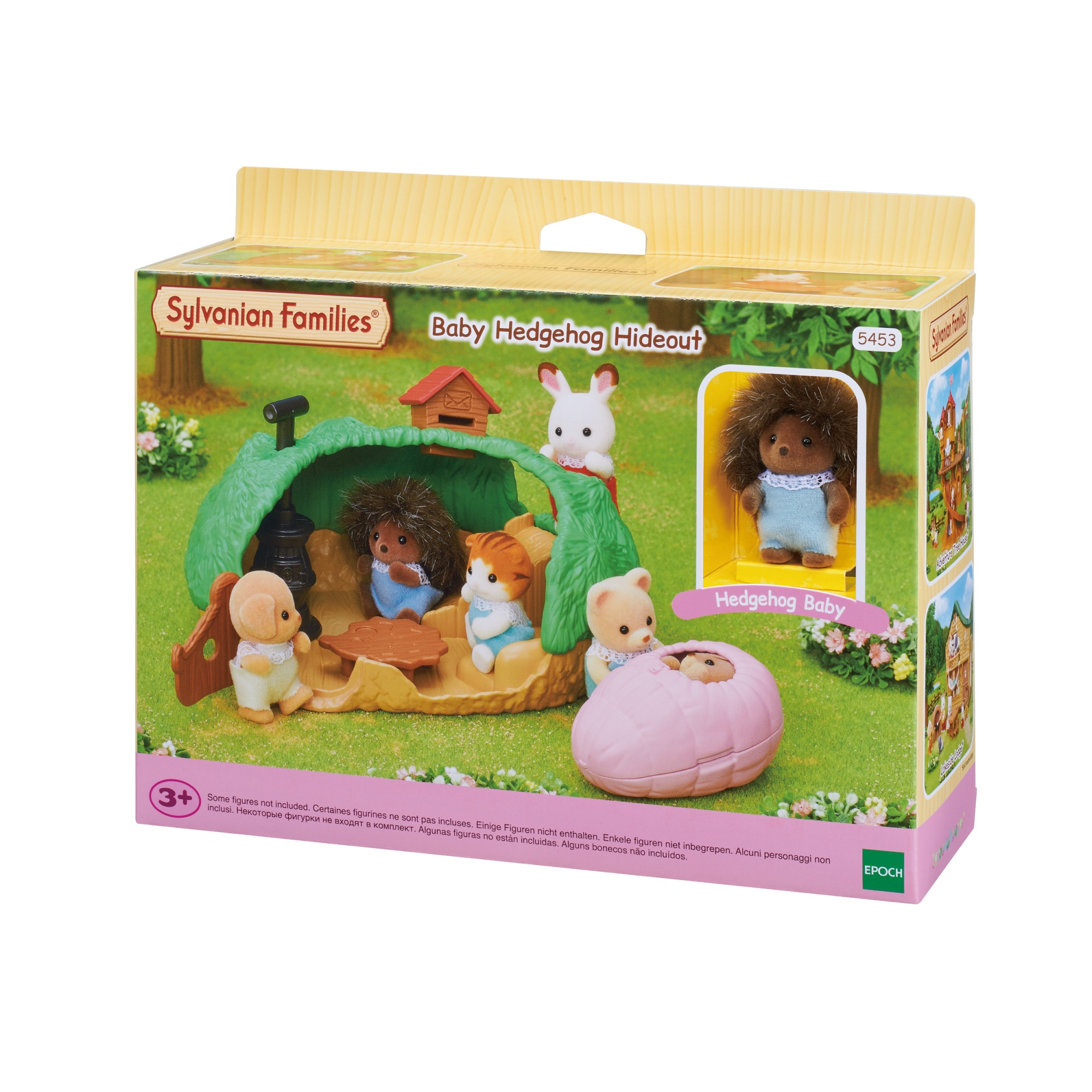Spielverpackung von Sylvanian Families Igel-Baby Versteck mit Figuren auf einer Wiese.