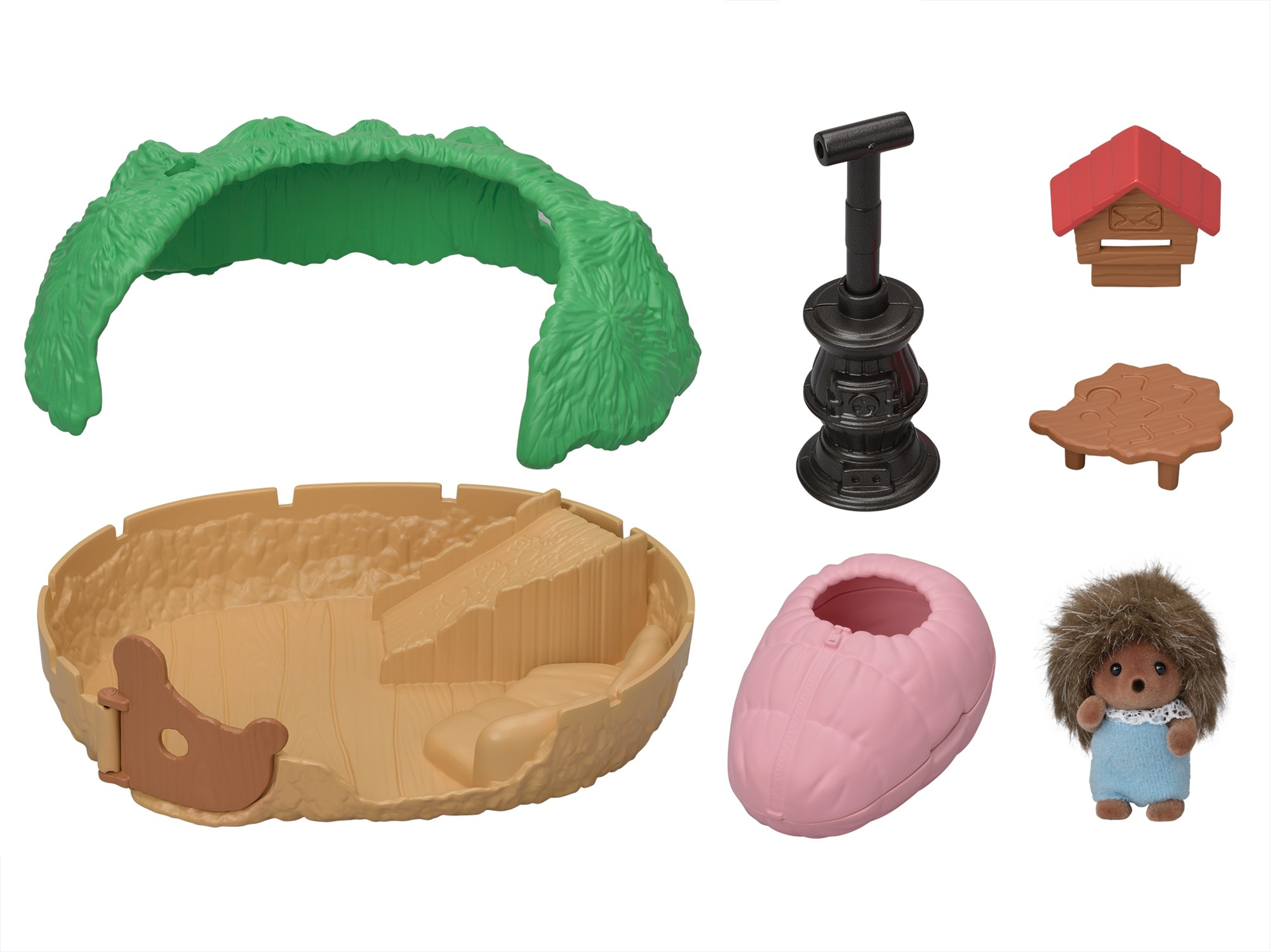 Spielset mit einer braunen Basis, grünem Dach, kleiner Figur, Schlafsack und Zubehör.