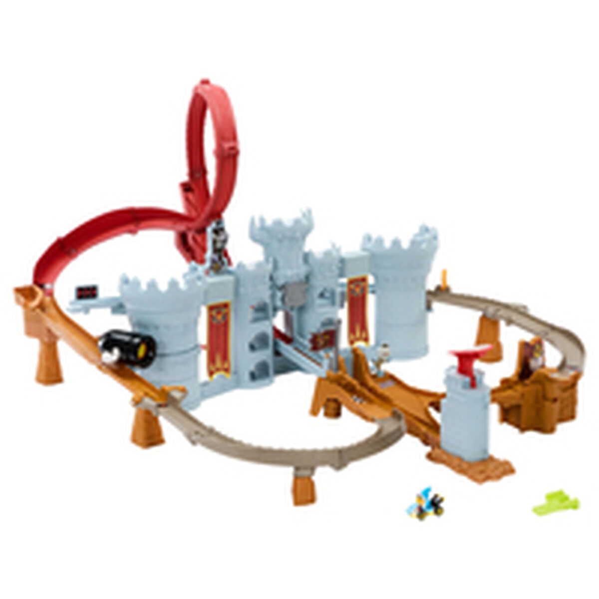 Ein farbenfrohes Spielzeugschloss mit einer roten Schleifenbahn, braunen Brücken und kleinen Figuren auf einem weißen Untergrund.
