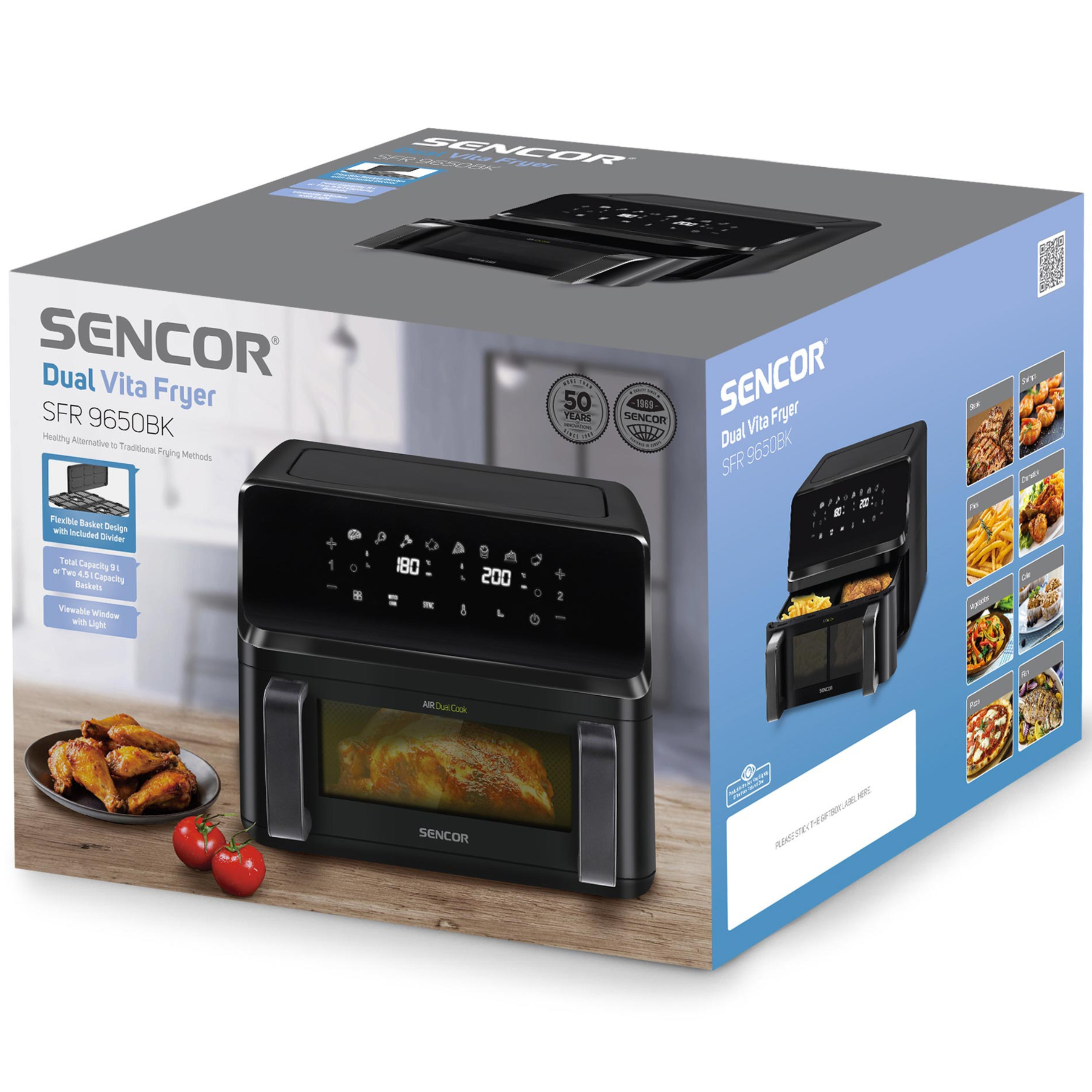 Opakowanie frytkownicy beztłuszczowej Sencor Dual Vita Fryer przedstawiające urządzenie i jedzenie na stole.