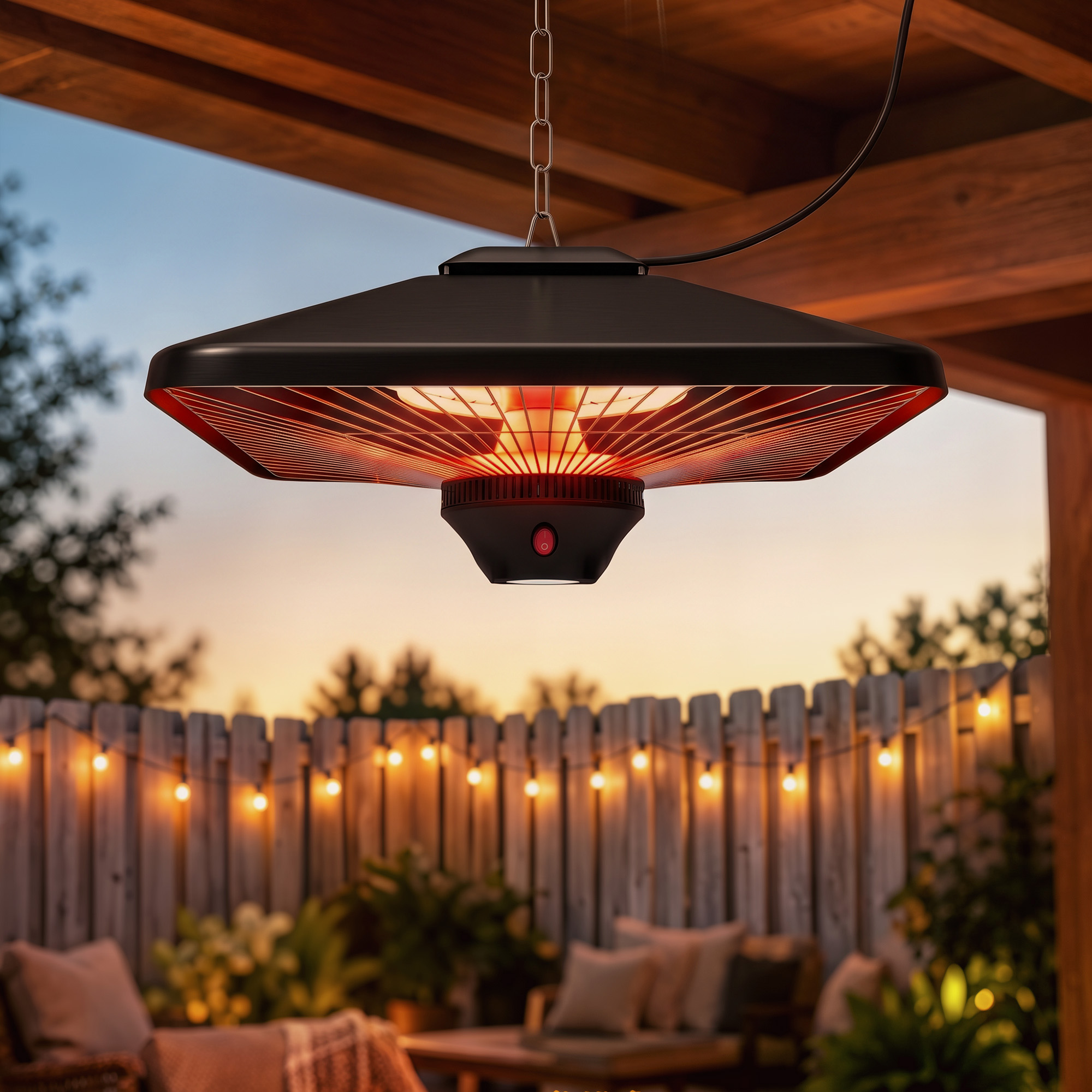 Un calefactor de patio colgante negro brilla en naranja bajo una pérgola de madera al atardecer.