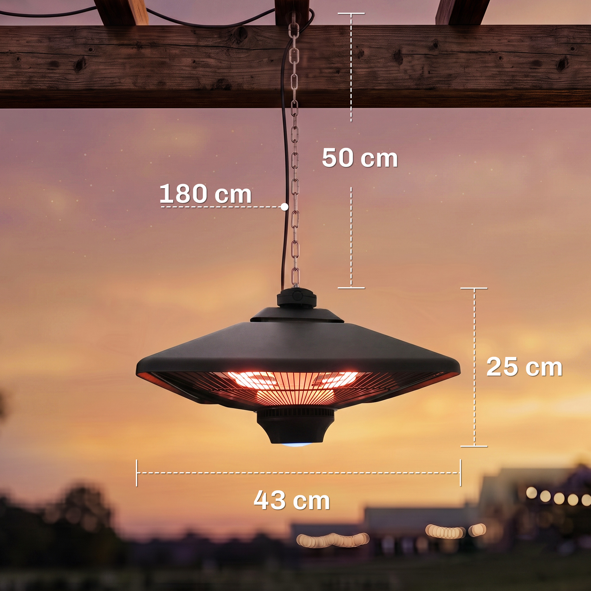 Un calefactor de patio negro colgante con elementos naranjas brillantes y dimensiones sobre un fondo crepuscular.