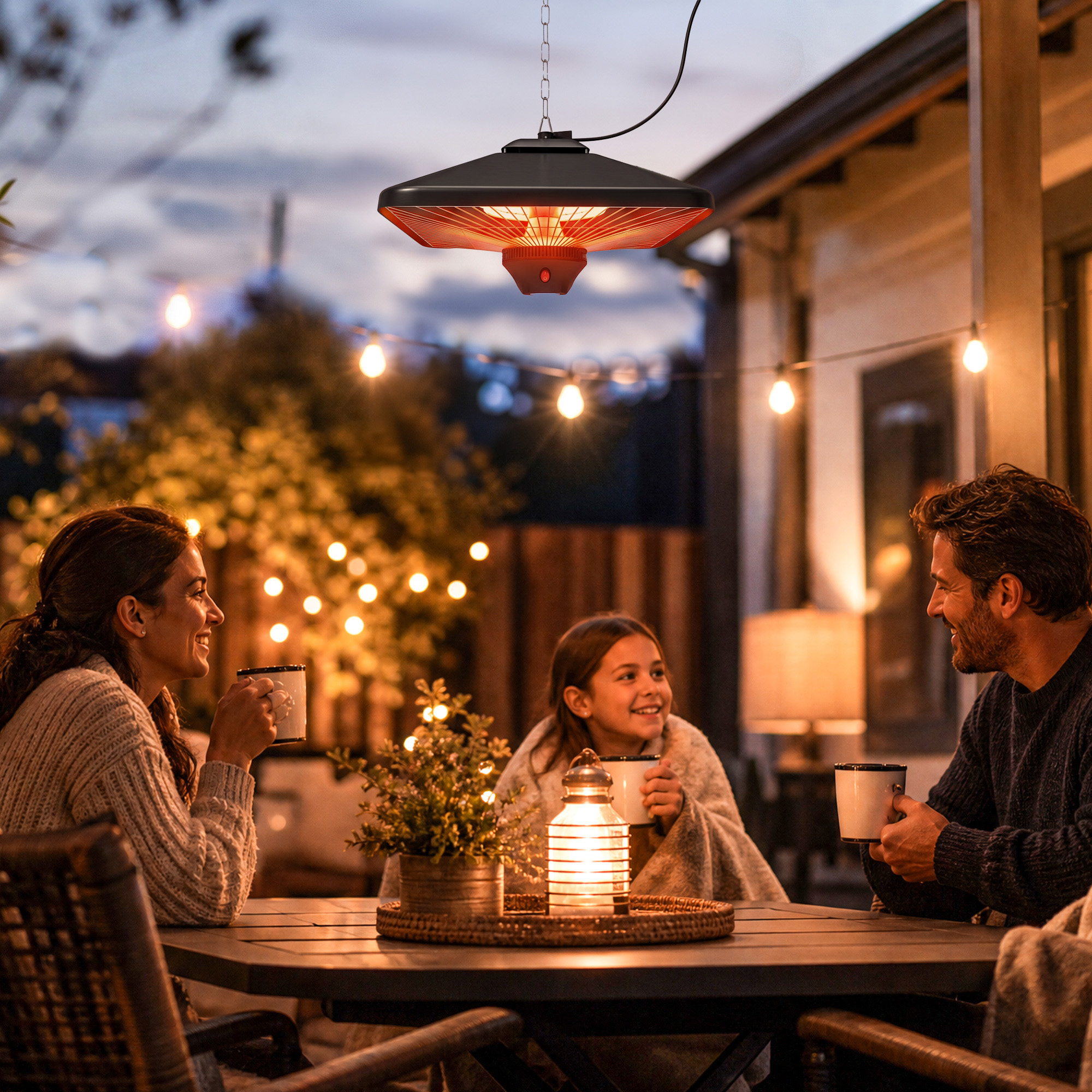 Una familia de tres se sienta en un patio bajo un calefactor brillante, bebiendo de tazas junto a luces.