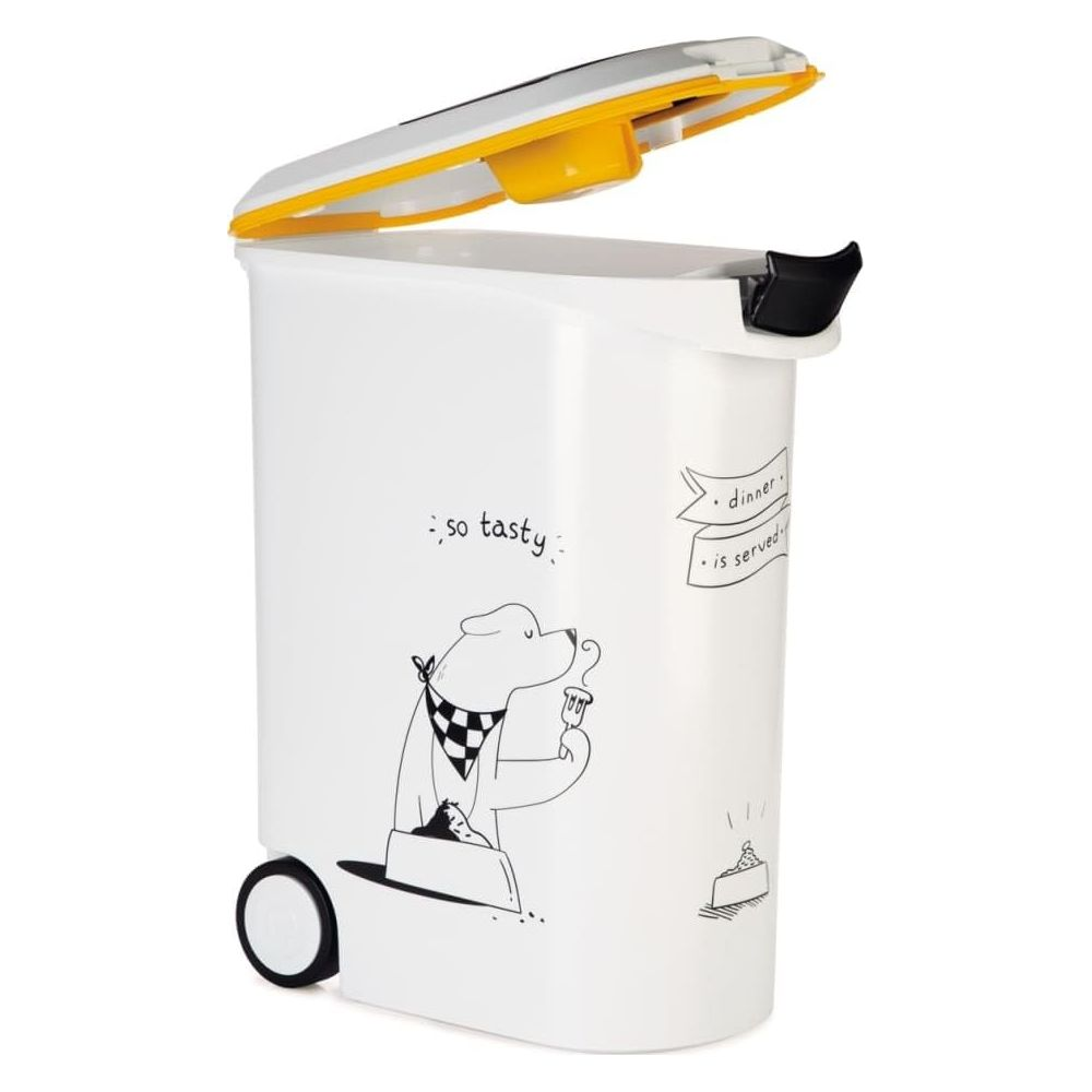 Contenitore per cibo per animali bianco con coperchio giallo, ruote e disegno di un orso che mangia.