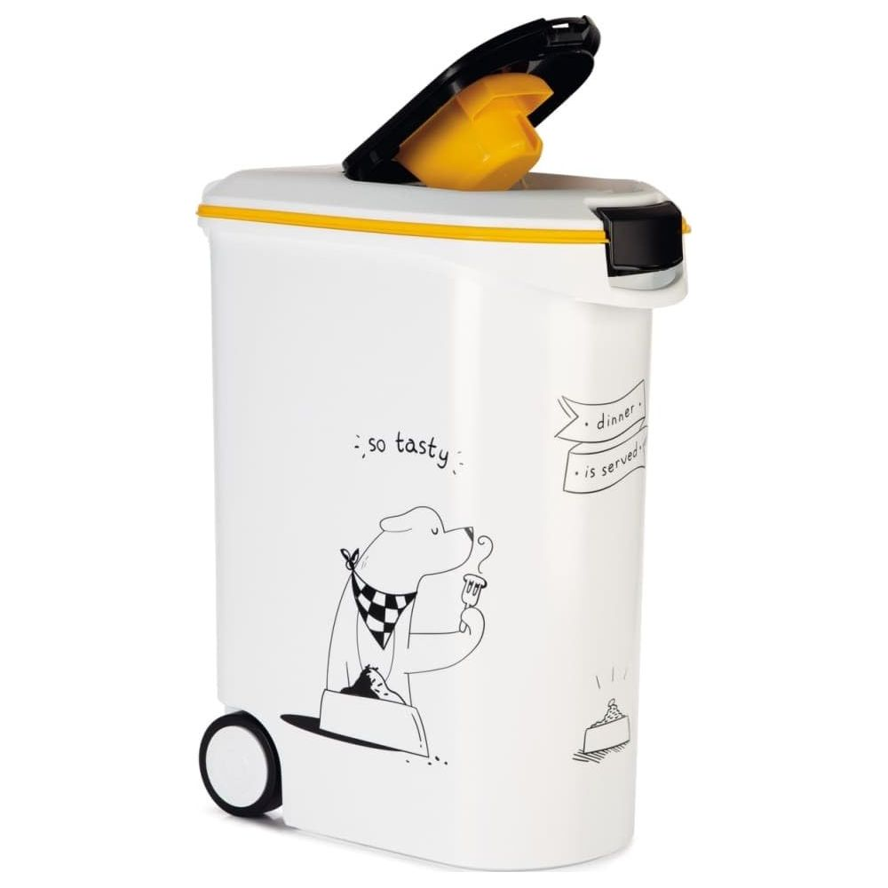 Contenitore bianco con bordo giallo, coperchio nero, ruote e illustrazione di un cane.