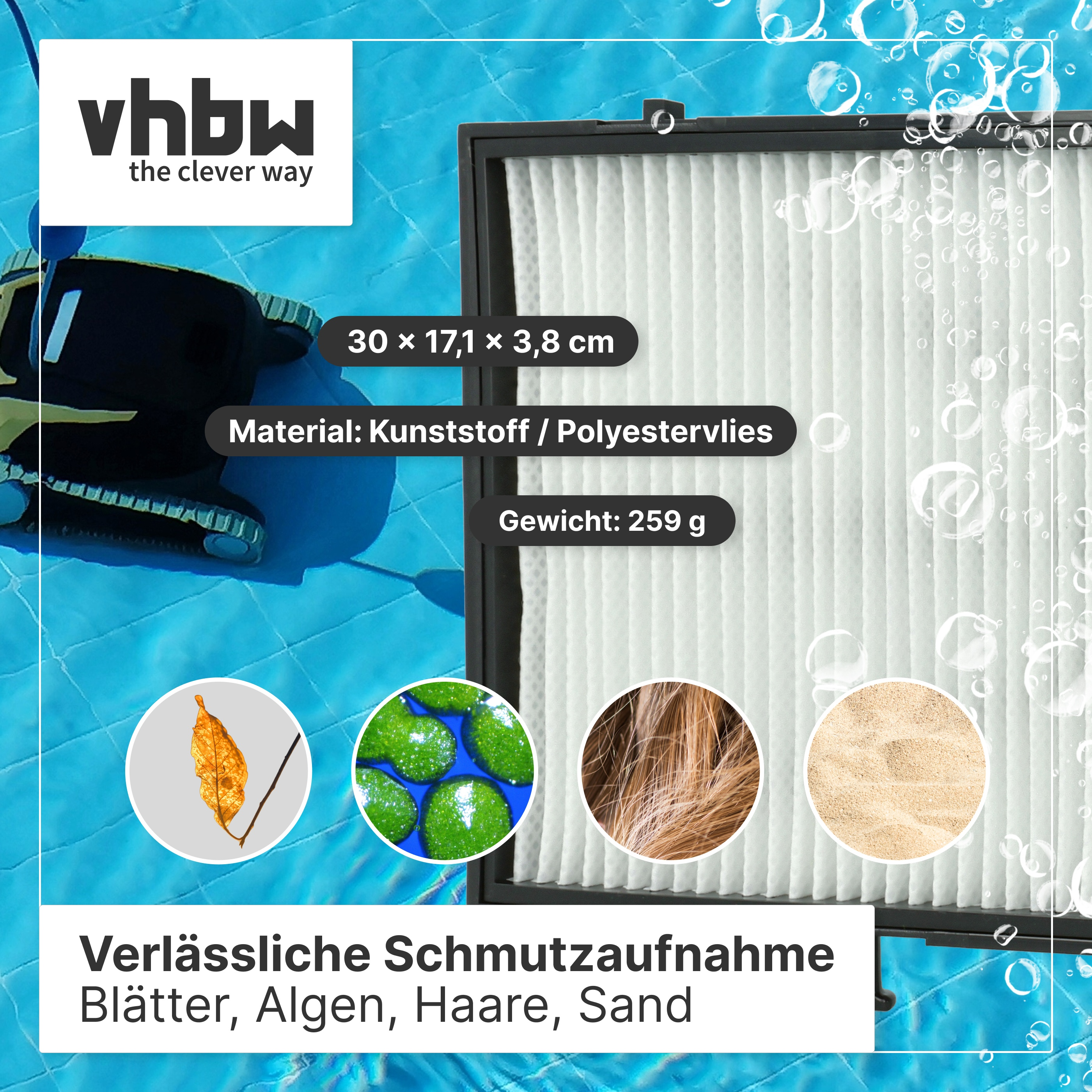 Poolfilter und Reinigungsroboter mit Texten zu Maßen, Material, Gewicht und Schmutzarten vor blauem Hintergrund.