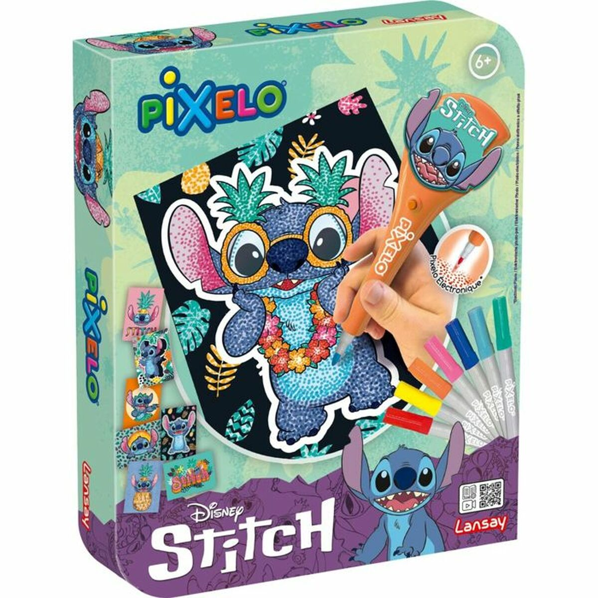 Caja del kit de arte Pixelo Disney Stitch con una imagen de Stitch coloreada con un bolígrafo y rotuladores.