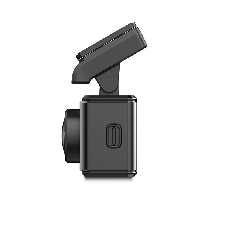 Eine schwarze Dashcam mit Magnethalterung in Seitenansicht.