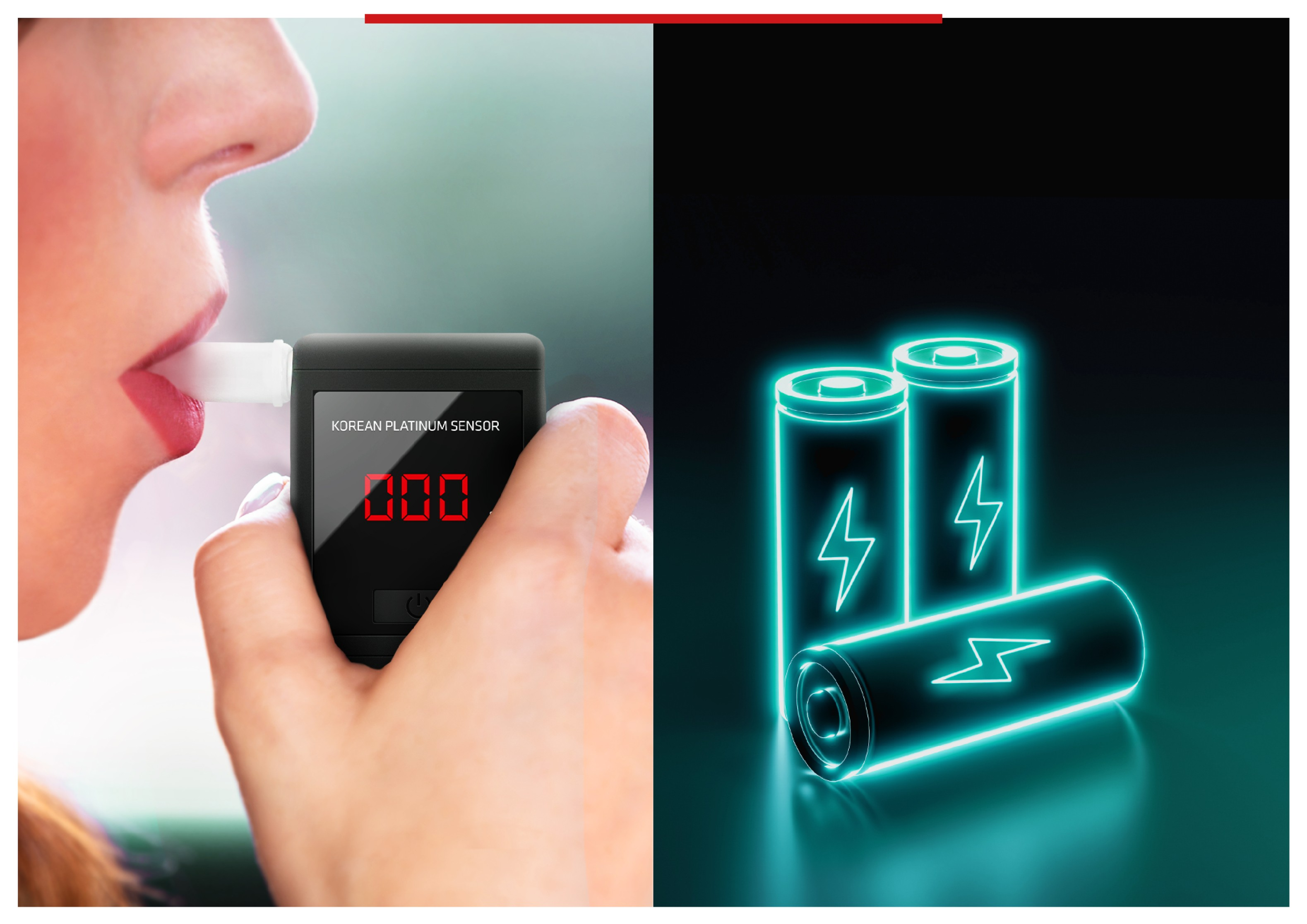 Eine Frau nutzt einen Alkoholtester. Rechts leuchten drei cyanfarbene Batterien.