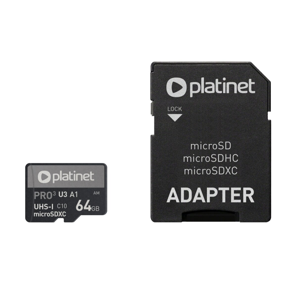 Eine graue 64GB Platinet microSDXC-Speicherkarte und ein schwarzer SD-Adapter.