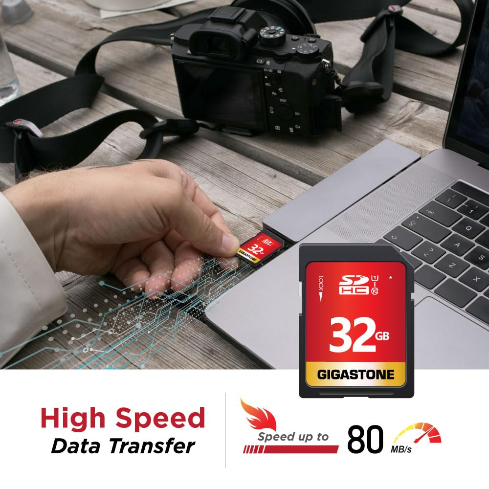 Hand steckt 32GB SD-Karte in Laptop, daneben Kamera auf Holztisch.