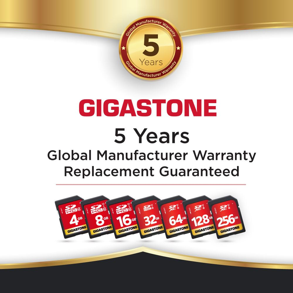 Gigastone 5-Jahres-Garantie mit SD-Karten von 4GB bis 256GB.