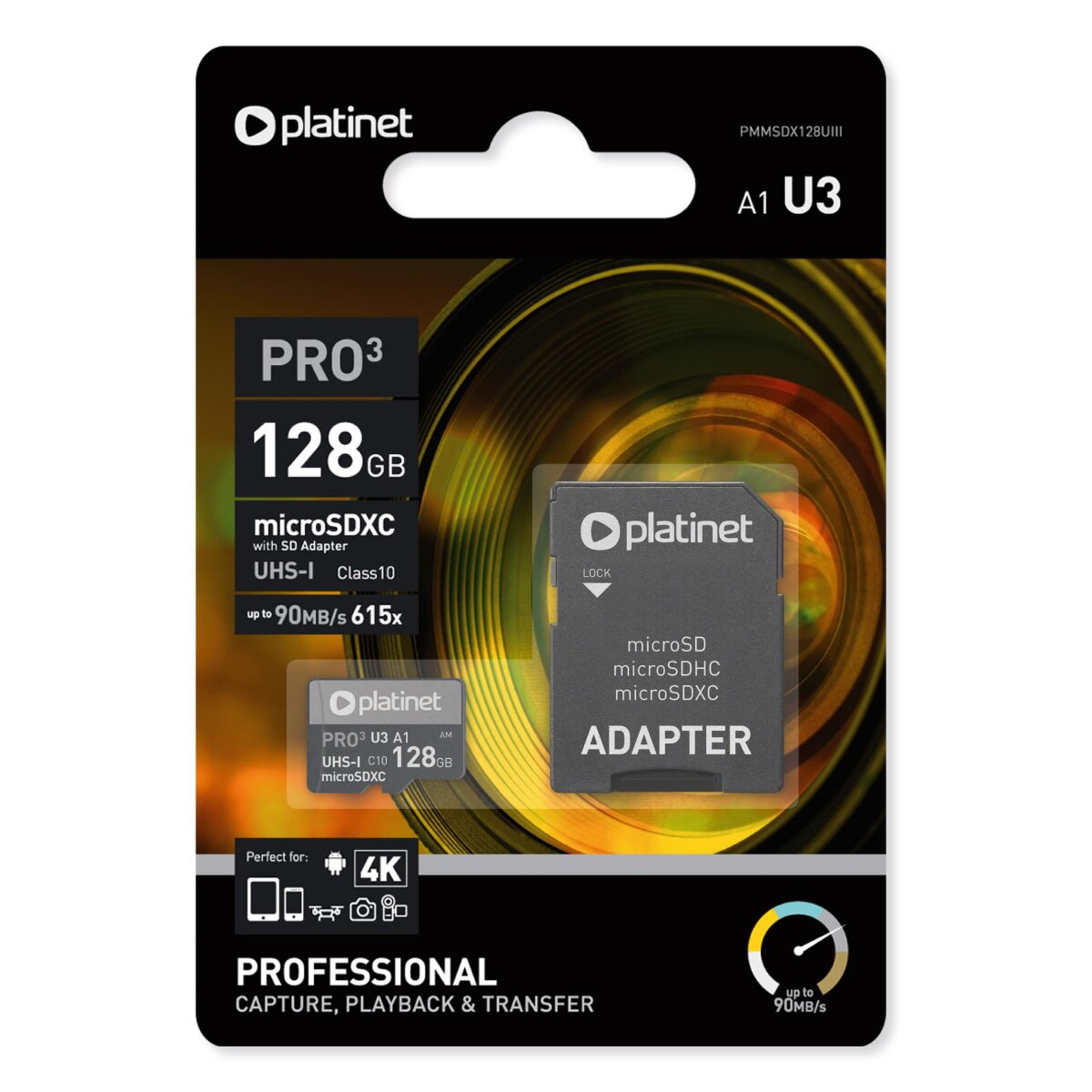 Platinet 128GB microSDXC Speicherkarte mit SD-Adapter in Verpackung.