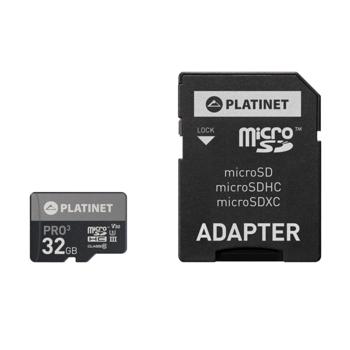 Platinet 32GB microSDHC-Karte mit einem SD-Adapter auf weißem Hintergrund.