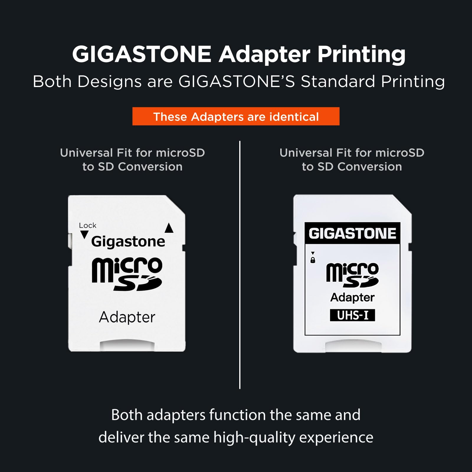 Vergleich zweier identischer Gigastone MicroSD-zu-SD-Adapter mit unterschiedlichen Aufdrucken vor schwarzem Hintergrund.