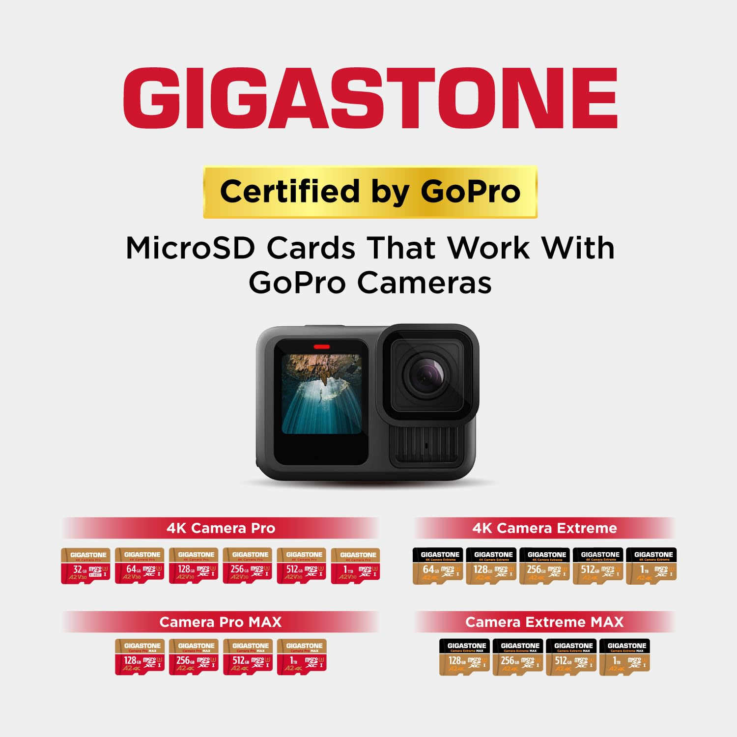 Werbebild für Gigastone MicroSD-Karten, zertifiziert für GoPro-Kameras, mit verschiedenen Speicherkapazitäten.