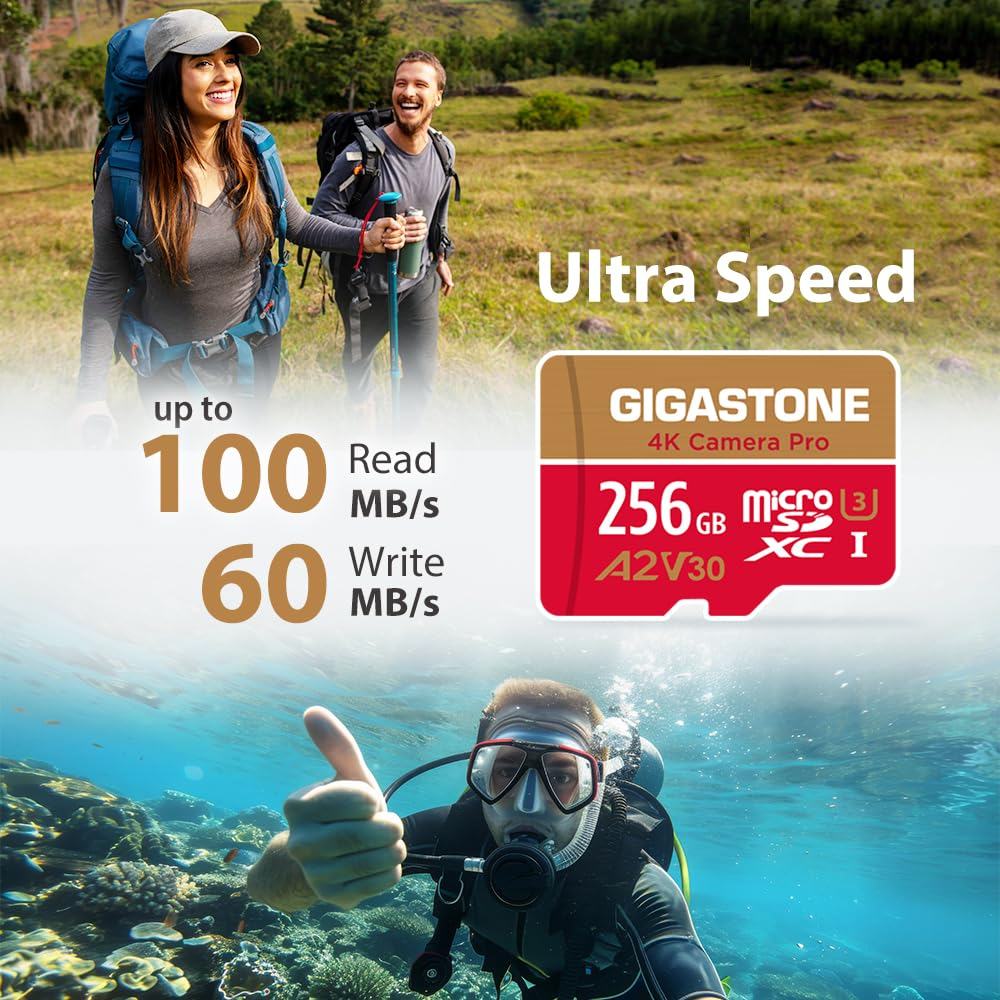 Gigastone MicroSD-Karte 256GB mit Wanderern und Taucher, Geschwindigkeitsangaben.