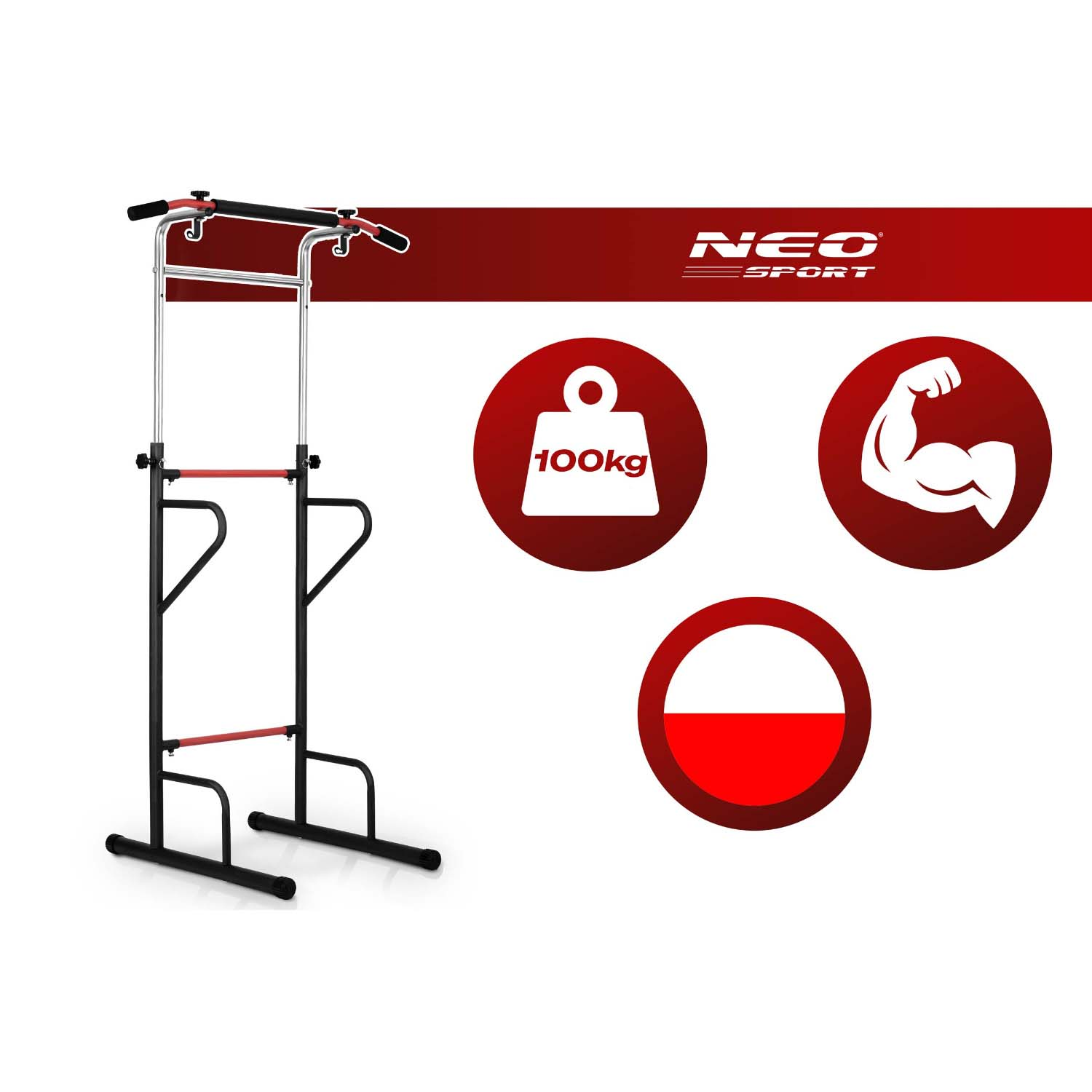 Drążek do podciągania Neo-Sport z ikonami wagi 100 kg, mięśni i czerwono-białego koła na białym tle.