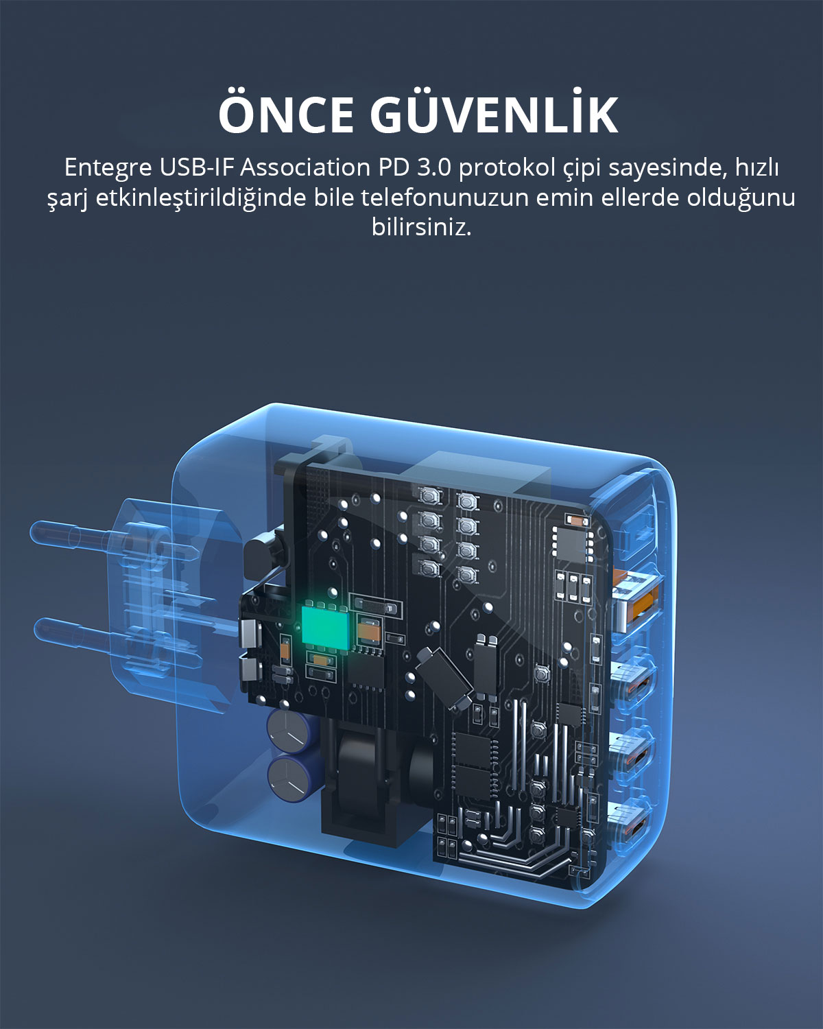 Şeffaf duvar şarj cihazı, güvenli şarj için entegre çipli iç devreyi gösteriyor.