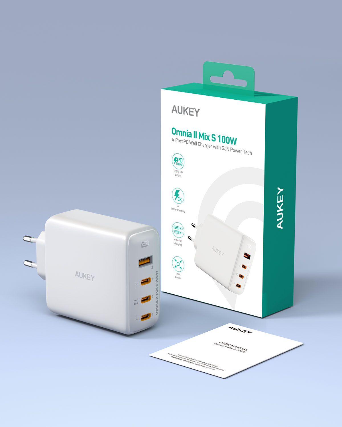 Beyaz gövdeli, kutulu ve kılavuzlu Aukey Omnia II Mix S 100W duvar şarj cihazı.