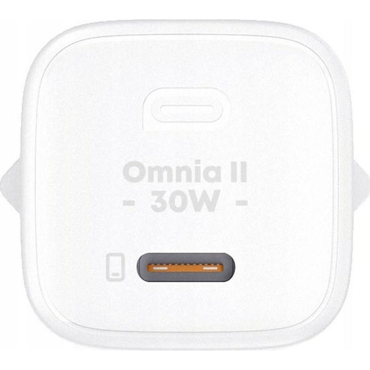 Tek portlu beyaz Omnia II 30W USB-C şarj cihazı.