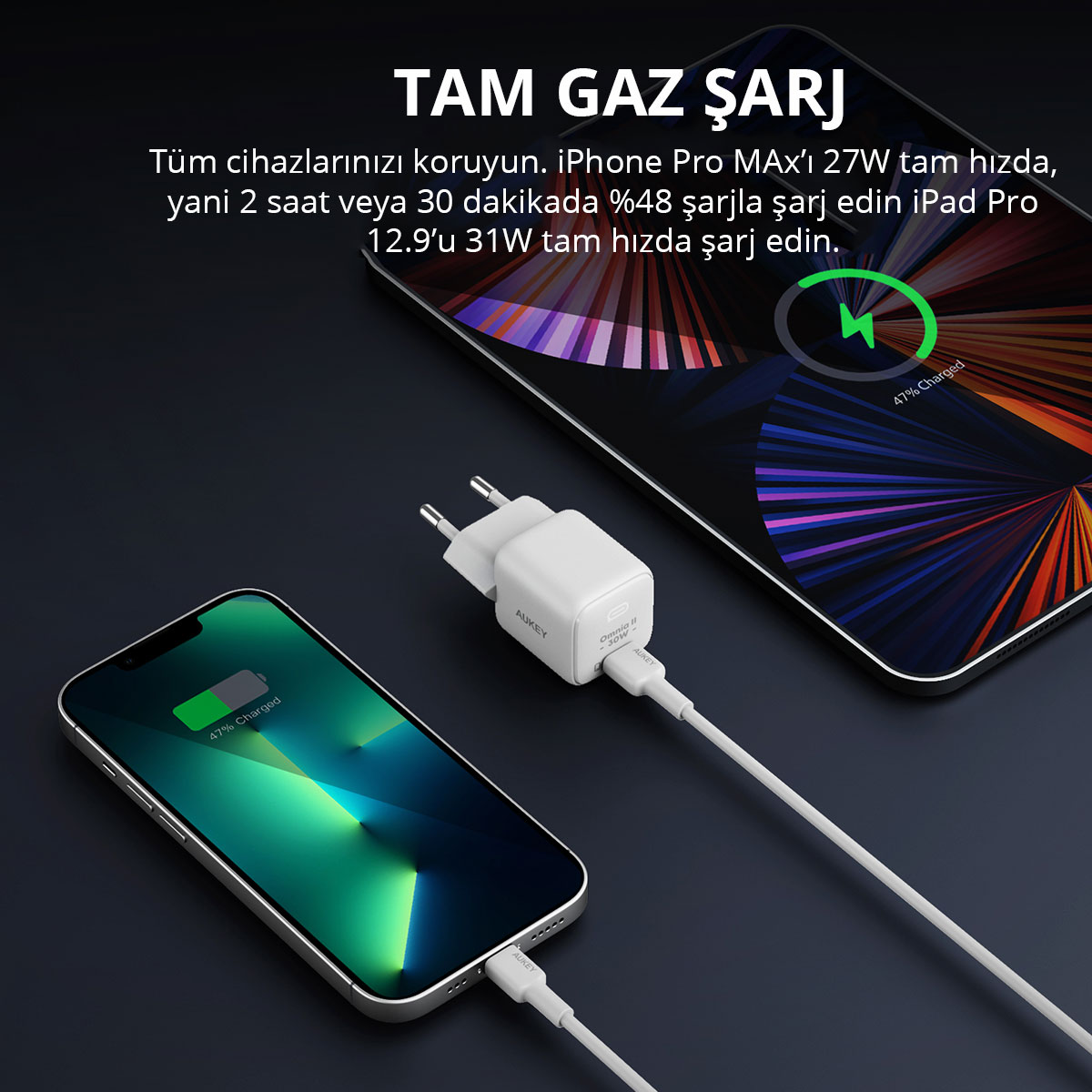 Koyu arka planda bir iPhone ve iPad Pro'yu şarj eden beyaz 30W hızlı şarj cihazı.