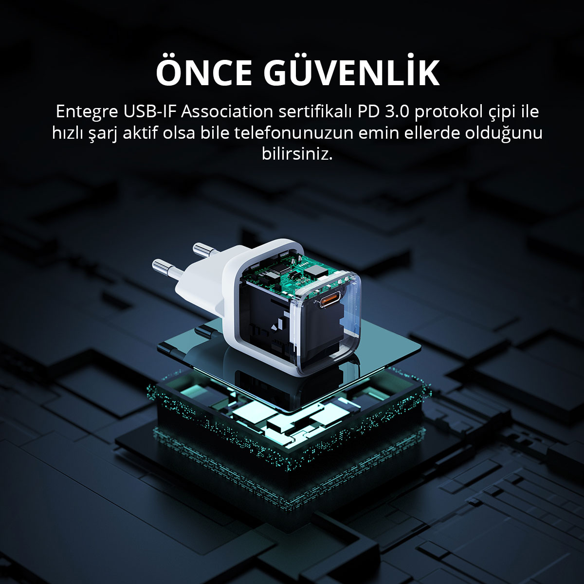 İç devreleri görünen beyaz şarj cihazı, parlayan teknoloji platformları üzerinde.