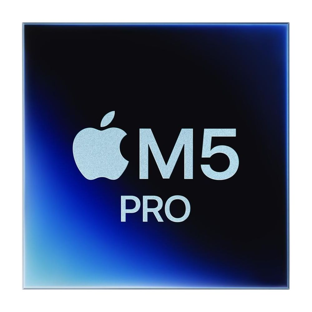 Un logo quadrato blu Apple M5 Pro su sfondo scuro.