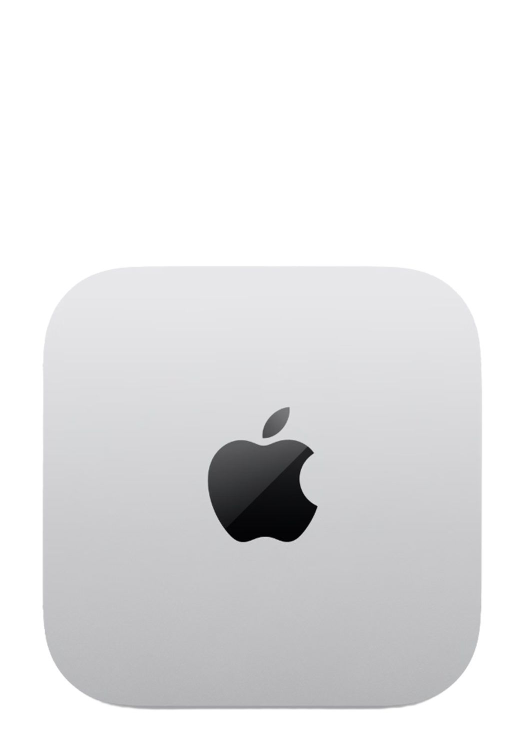 Un Mac mini Apple argento con il logo Apple nero in alto su sfondo nero.