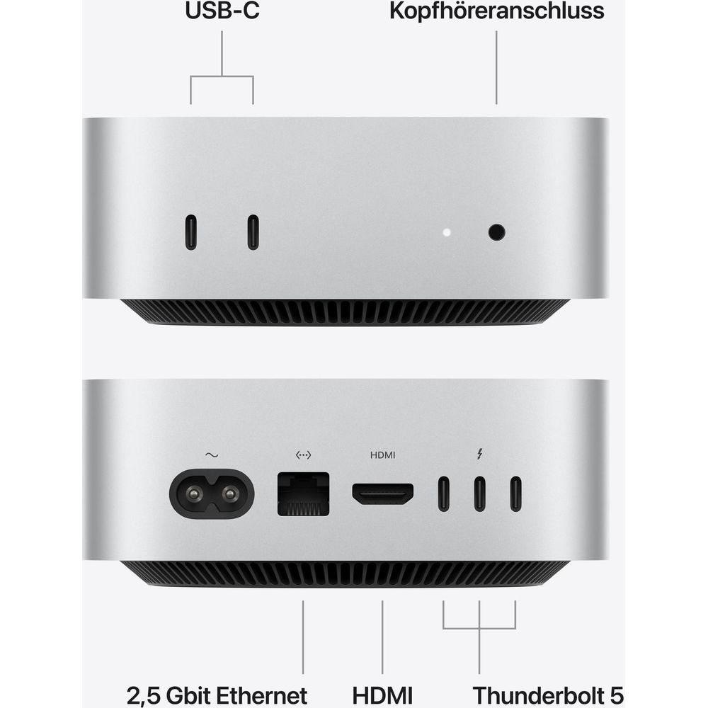 Vista anteriore e posteriore di un Mac Studio con USB-C, Ethernet, HDMI, Thunderbolt 5 e jack audio.