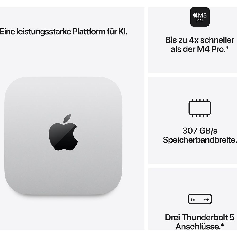 Mac mini con chip M5 Pro, funzioni IA, larghezza di banda di 307 GB/s e tre porte Thunderbolt 5.