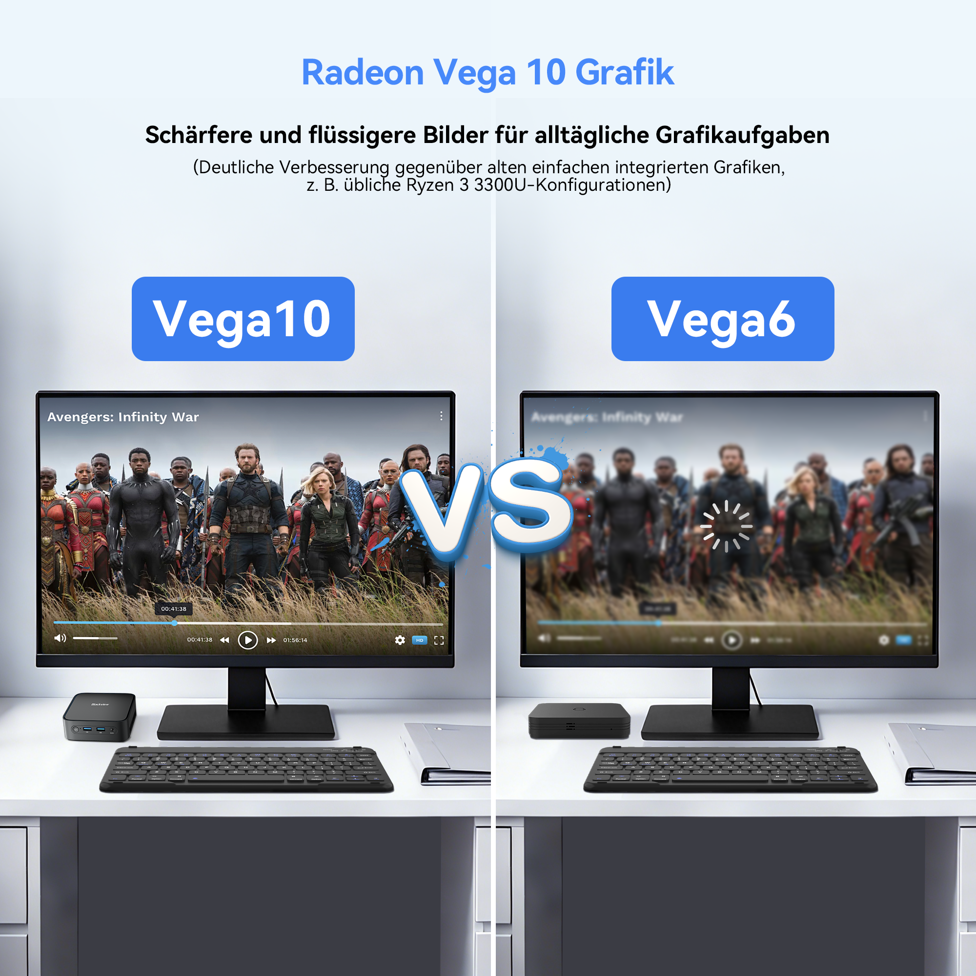 Vergleich von Vega 10 und Vega 6 Grafiken auf Monitoren mit gleicher Filmszene.