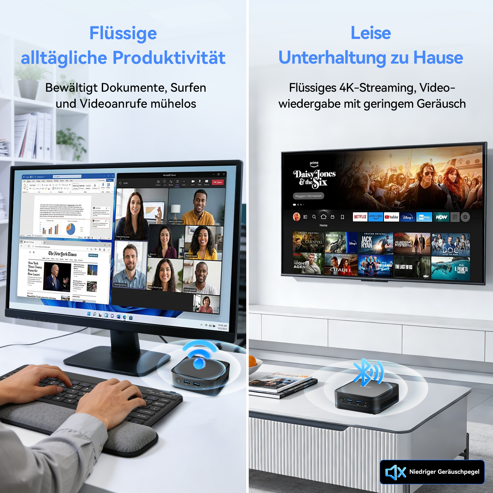 Mini-PC für Büroarbeit am Monitor und 4K-Streaming am Fernseher.