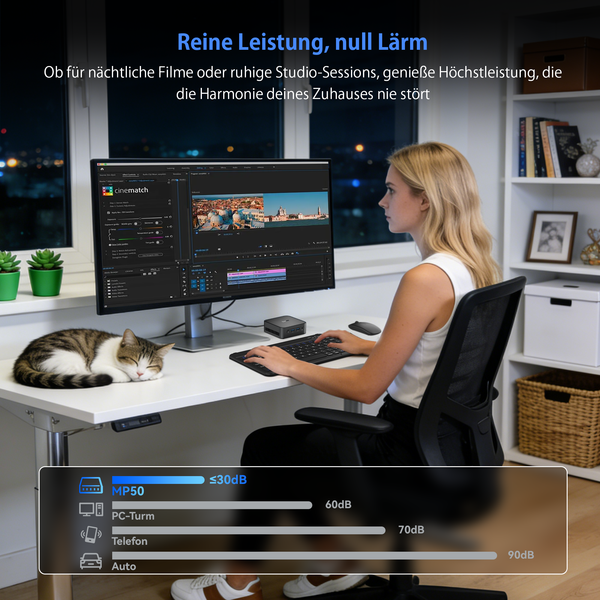 Frau arbeitet am PC in ruhiger Zimmerumgebung mit schlafender Katze und Geräuschpegel-Vergleichsdiagramm.
