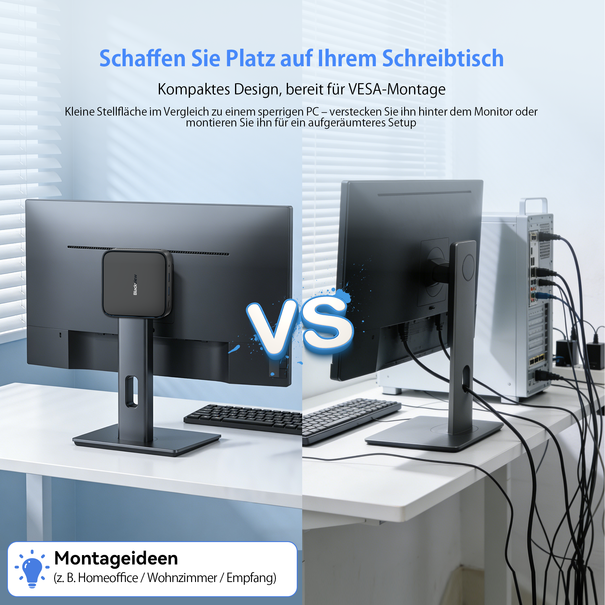 Vergleich eines kompakten Mini-PCs hinter einem Monitor und einem großen PC mit vielen Kabeln auf dem Schreibtisch.