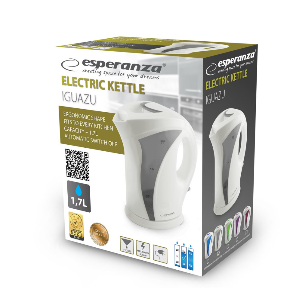 Opakowanie produktu białego czajnika elektrycznego Esperanza Iguazu o pojemności 1,7 l i specyfikacji.